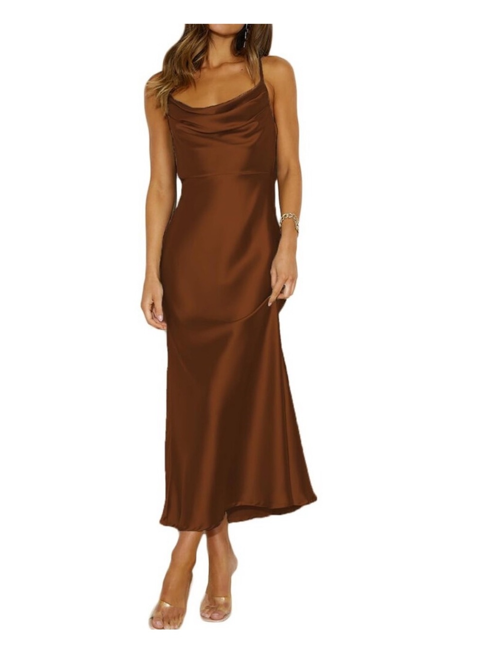 Satin Cowl Neck Slip Dress in Copper Brown. Worn  twice.